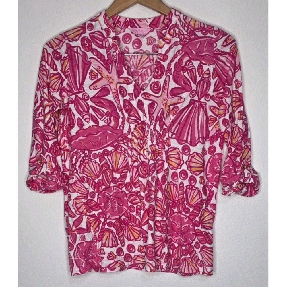 LILLY PULITZER PINK SHELL SHIRT TUNIC TOP Woman S Coastal Cottage Beach Vacay
